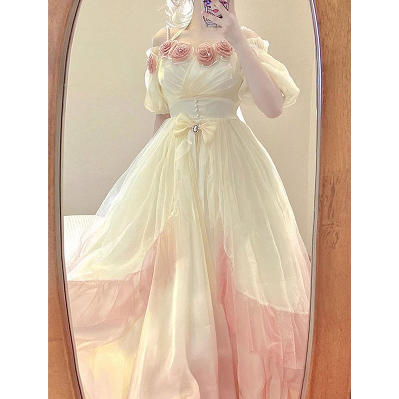 グラデーションピンクロリータ立体ローズドレス ロリータメッシュロング妖精プリンセスドレス グラデーションピンクロリータ立体ローズドレス ロリータメッシュロング妖精プリンセスドレス