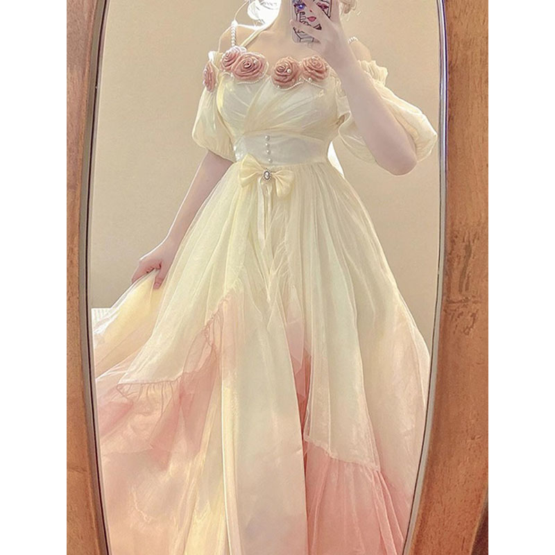 グラデーションピンクロリータ立体ローズドレス ロリータメッシュロング妖精プリンセスドレス グラデーションピンクロリータ立体ローズドレス ロリータメッシュロング妖精プリンセスドレス