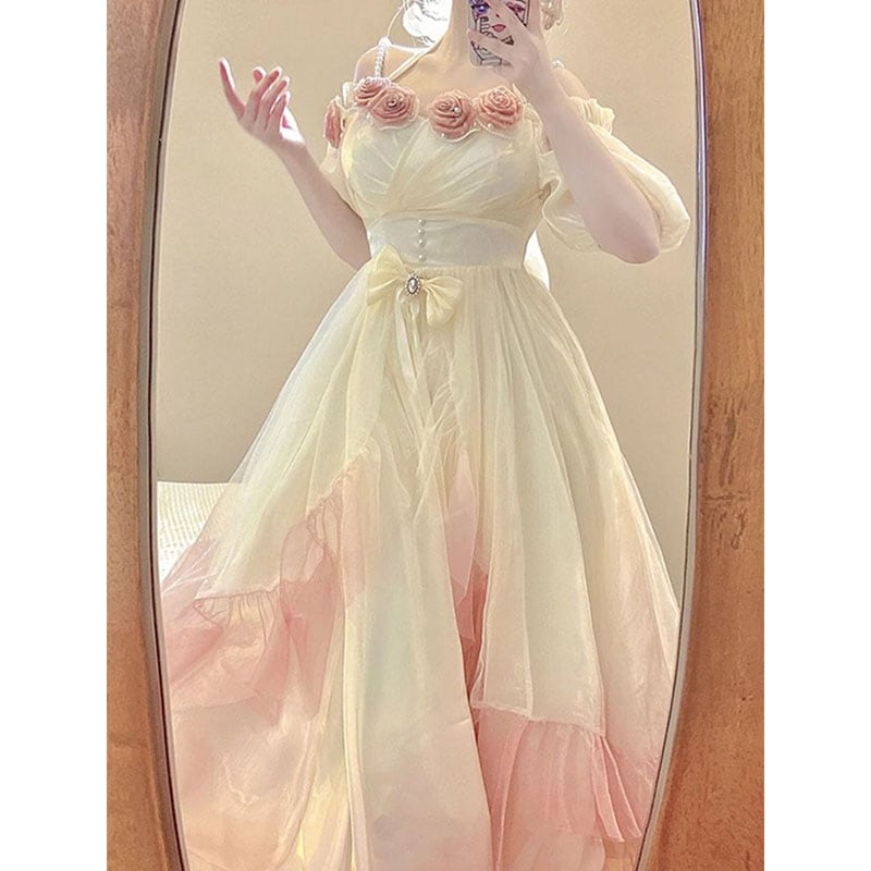 グラデーションピンクロリータ立体ローズドレス ロリータメッシュロング妖精プリンセスドレス グラデーションピンクロリータ立体ローズドレス ロリータメッシュロング妖精プリンセスドレス