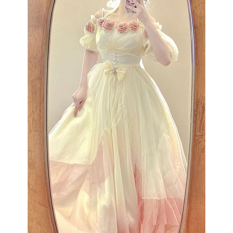 グラデーションピンクロリータ立体ローズドレス ロリータメッシュロング妖精プリンセスドレス グラデーションピンクロリータ立体ローズドレス ロリータメッシュロング妖精プリンセスドレス