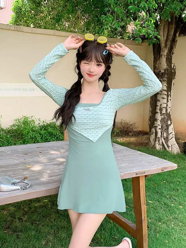 ワンピース水着 水着 2点セット 長袖 ワイヤーなし パッド付 レディース 着瘦せ シンプル セクシー 写真映え 撮影用 海 夏 サマー プール リゾート かわいい 旅行 温泉 大人 女性用 ジュニア