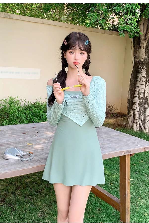 ワンピース水着 水着 2点セット 長袖 ワイヤーなし パッド付 レディース 着瘦せ シンプル セクシー 写真映え 撮影用 海 夏 サマー プール リゾート かわいい 旅行 温泉 大人 女性用 ジュニア