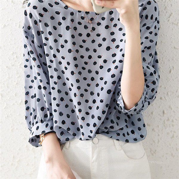 水玉 ブラウス Tシャツ トップス チュニック 夏 体型カバー レディース シフォン シャツ 春夏 フルーツ柄 水玉柄 丸首 柄シャツ 7分袖 おしゃれ 通勤 ゆったり 夏ブラウス 半袖シャツ 半袖