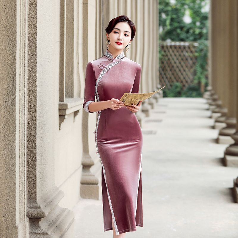 改善されたチャイナ ドレス スカート 2025 ピンク ハイエンド ファッション ロング ベルベット ドレス 女性の春と秋モデル 母の日 母の日-0007923 改善されたチャイナ ドレス スカート 2025 ピンク ハイエンド ファッション ロング ベルベット ドレス 女性の春と秋モデル 母の日 母の日-0007923