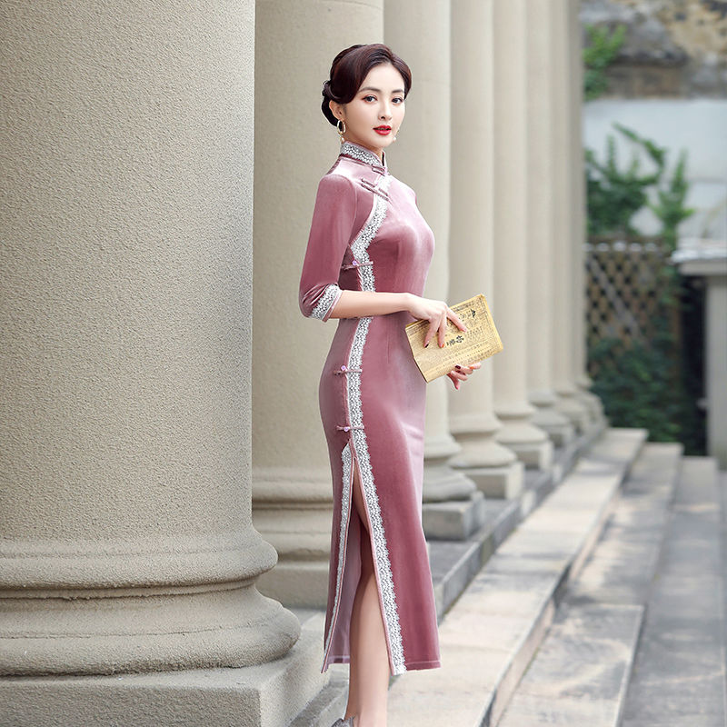 改善されたチャイナ ドレス スカート 2025 ピンク ハイエンド ファッション ロング ベルベット ドレス 女性の春と秋モデル 母の日 母の日-0007923 改善されたチャイナ ドレス スカート 2025 ピンク ハイエンド ファッション ロング ベルベット ドレス 女性の春と秋モデル 母の日 母の日-0007923