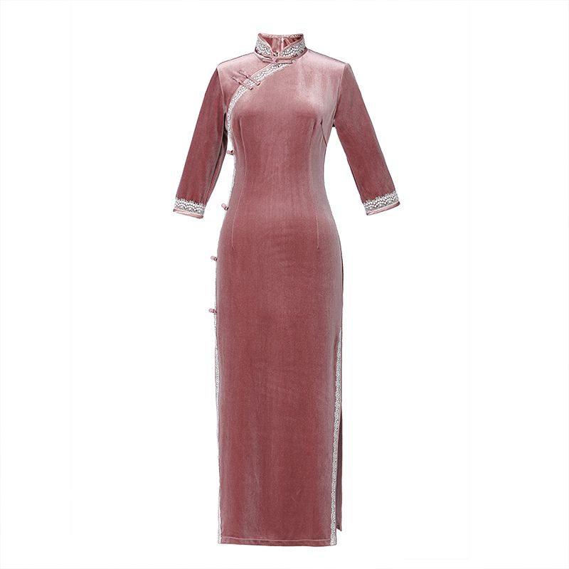 改善されたチャイナ ドレス スカート 2025 ピンク ハイエンド ファッション ロング ベルベット ドレス 女性の春と秋モデル 母の日 母の日-0007923 改善されたチャイナ ドレス スカート 2025 ピンク ハイエンド ファッション ロング ベルベット ドレス 女性の春と秋モデル 母の日 母の日-0007923