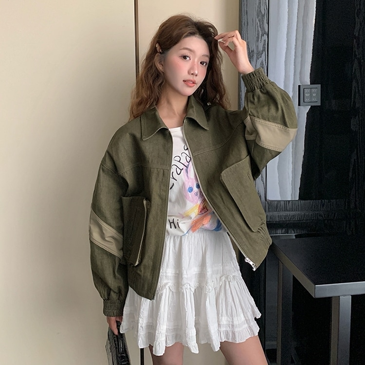 アウター ジャケット ジップ サイドライン ショート丈 ドロップショルダー 長袖 大人可愛い シンプル お洒落 こなれ感 普段使い