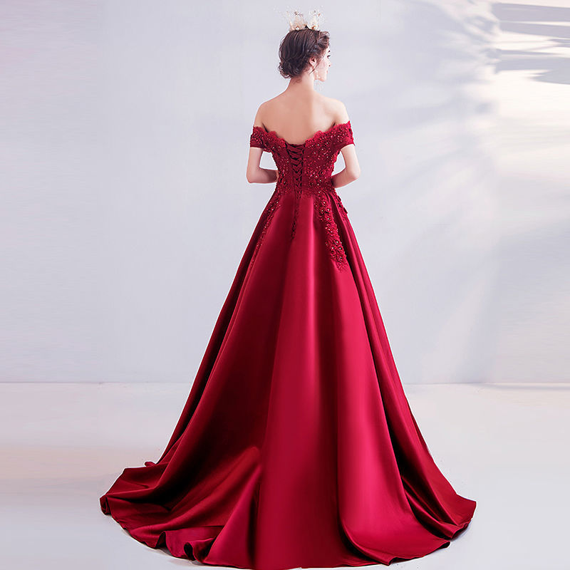 花嫁結婚式婚約ウェアワンショルダー2025イブニングドレスロングホストドレスバーガンディ ウェディングドレス 花嫁結婚式婚約ウェアワンショルダー2025イブニングドレスロングホストドレスバーガンディ ウェディングドレス