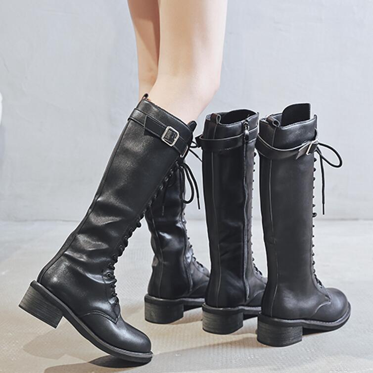 【本日限定】レディースブーツ　ロングブーツ　レースアップブーツ　編み上げブーツ　小さいサイズ　大きいサイズ　22.0～25.0cm PU　秋冬　春秋　ぺたんこ　ローヒール　4.5センチ