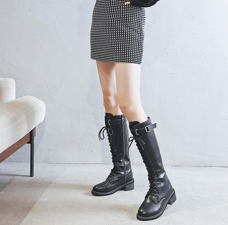 【本日限定】レディースブーツ　ロングブーツ　レースアップブーツ　編み上げブーツ　小さいサイズ　大きいサイズ　22.0～25.0cm PU　秋冬　春秋　ぺたんこ　ローヒール　4.5センチ