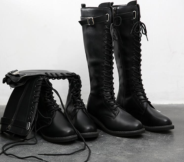 【本日限定】レディースブーツ　ロングブーツ　レースアップブーツ　編み上げブーツ　小さいサイズ　大きいサイズ　22.0～25.0cm PU　秋冬　春秋　ぺたんこ　ローヒール　4.5センチ