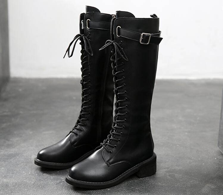 【本日限定】レディースブーツ　ロングブーツ　レースアップブーツ　編み上げブーツ　小さいサイズ　大きいサイズ　22.0～25.0cm PU　秋冬　春秋　ぺたんこ　ローヒール　4.5センチ
