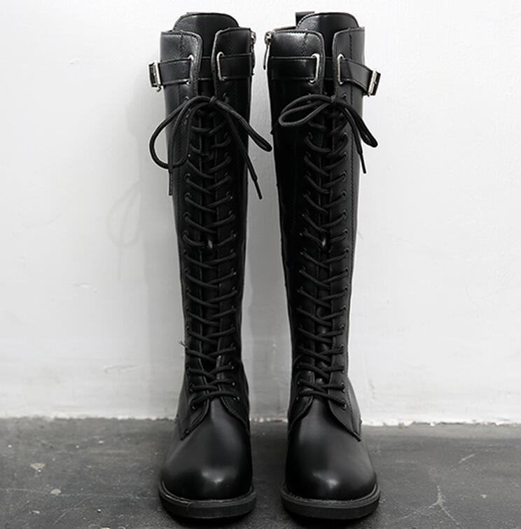 【本日限定】レディースブーツ　ロングブーツ　レースアップブーツ　編み上げブーツ　小さいサイズ　大きいサイズ　22.0～25.0cm PU　秋冬　春秋　ぺたんこ　ローヒール　4.5センチ