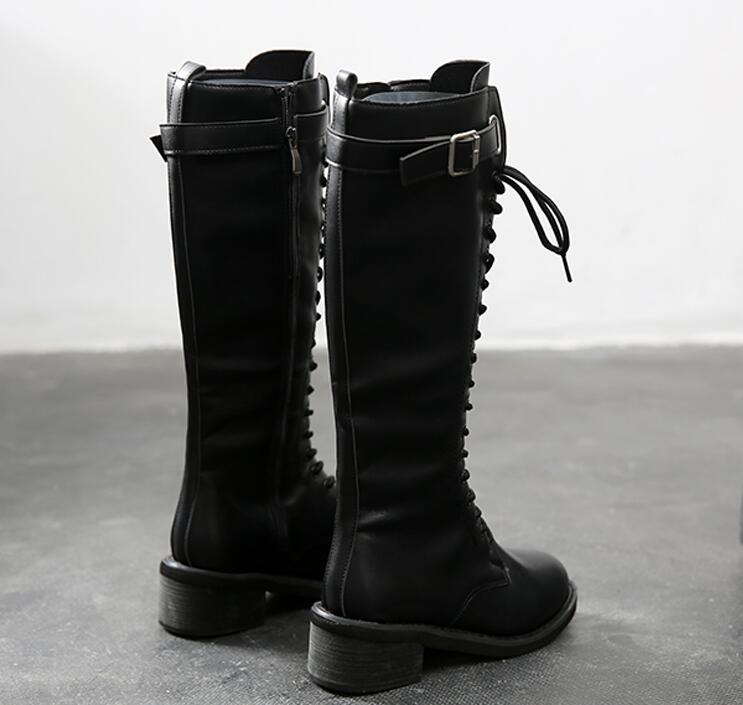 【本日限定】レディースブーツ　ロングブーツ　レースアップブーツ　編み上げブーツ　小さいサイズ　大きいサイズ　22.0～25.0cm PU　秋冬　春秋　ぺたんこ　ローヒール　4.5センチ