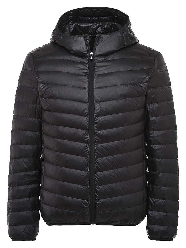 DUZTELYI ダウンジャケット メンズ 軽量 防風 防寒 ダウン コート ライトダウン 収納袋付き DU490 (L, 帽-ブラック)