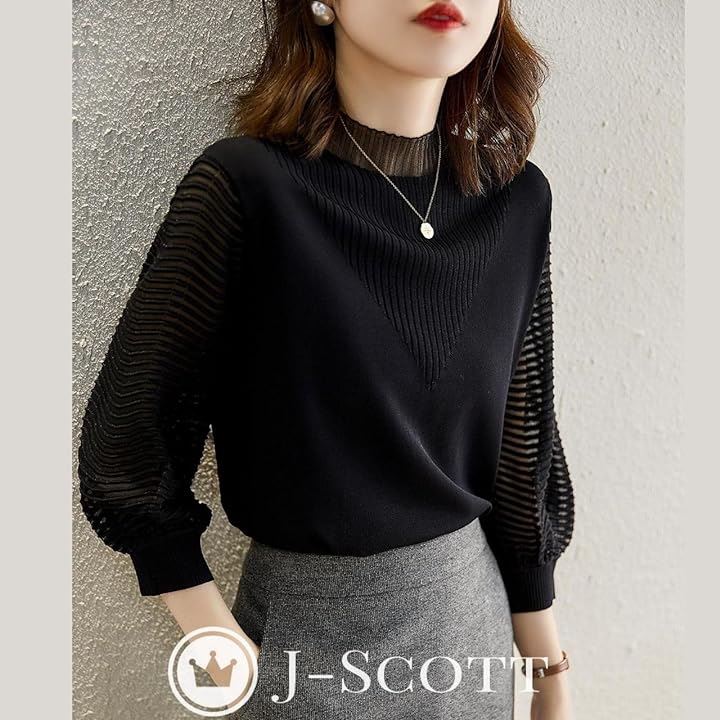 バルーンスリーブニットソー レースネック 凹凸感 リブデザイン 立襟 7分袖 透け感 ぽわん袖 入学式 七部袖 洗濯 ブラウス リラックス アイロンいらない JS92(ブラック, M) バルーンスリーブニットソー レースネック 凹凸感 リブデザイン 立襟 7分袖 透け感 ぽわん袖 入学式 七部袖 洗濯 ブラウス リラックス アイロンいらない JS92(ブラック, M)