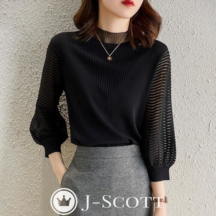 バルーンスリーブニットソー レースネック 凹凸感 リブデザイン 立襟 7分袖 透け感 ぽわん袖 入学式 七部袖 洗濯 ブラウス リラックス アイロンいらない JS92(ブラック, M) バルーンスリーブニットソー レースネック 凹凸感 リブデザイン 立襟 7分袖 透け感 ぽわん袖 入学式 七部袖 洗濯 ブラウス リラックス アイロンいらない JS92(ブラック, M)