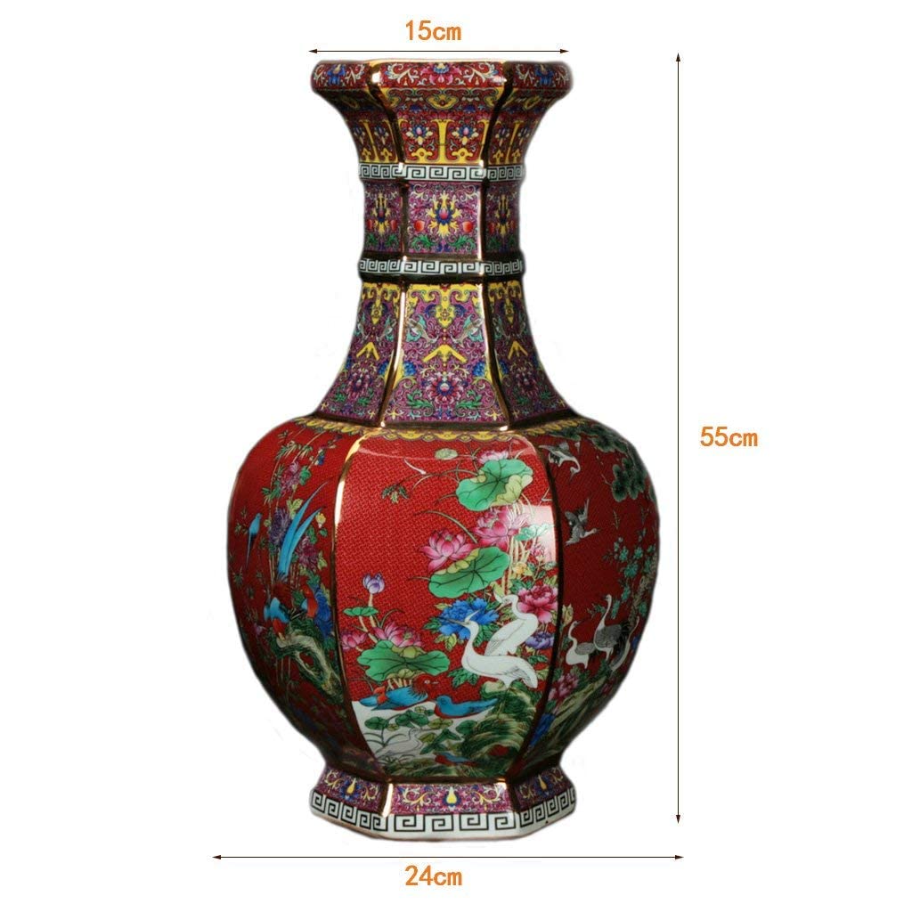 パステルとエナメル花動物六角花瓶 景徳鎮 陶磁器 装飾品 工芸品 美術品 置物 花瓶陶器アンティークゴールドエナメルパステルシックスフラワー