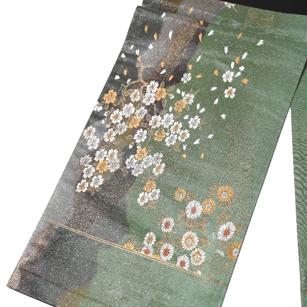 袋帯 グリーン 桜柄 正絹