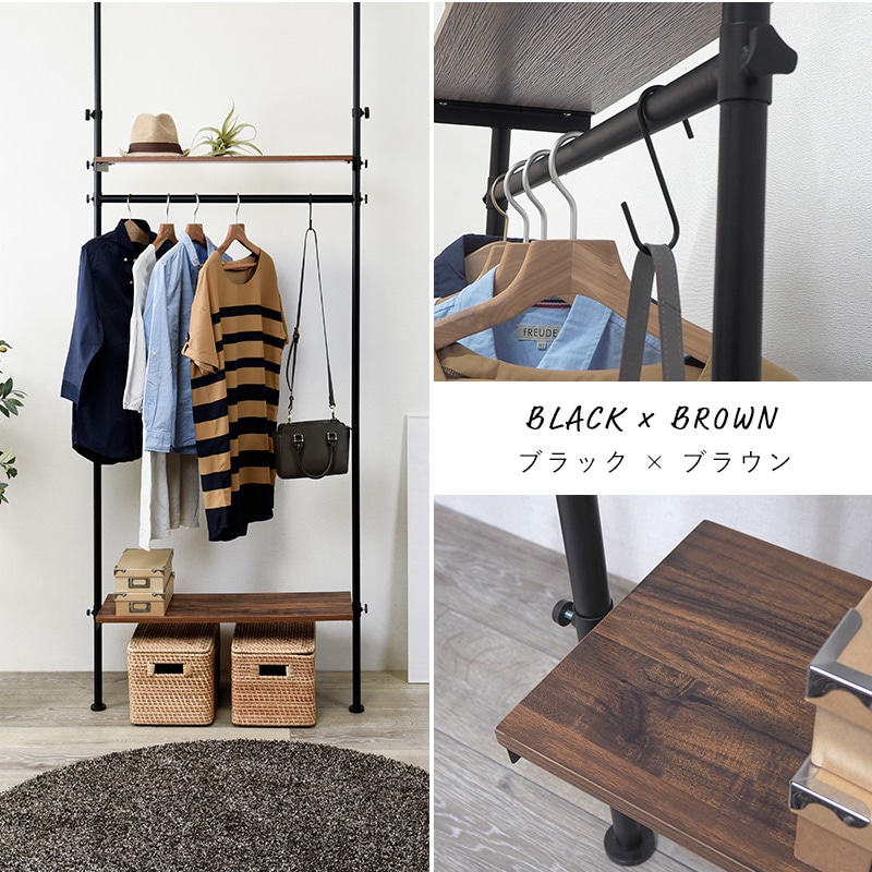 幅90cm 棚板2枚付き！突っ張りハンガーラック 3色展開 おしゃれ壁面収納 KTR-3152