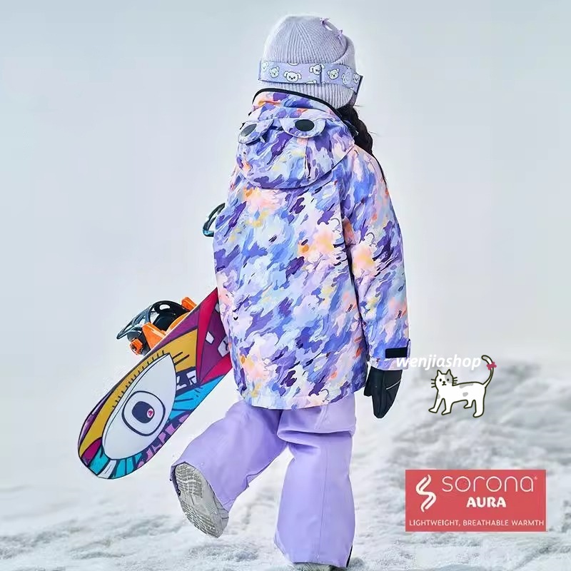 スノーボードウェア 2025 上下セット キッズ 子供 ベビー服 ジャケット アウター 紫迷彩 オーバーオール つなぎパンツ ズボン スノボウェア スキーウェア 防寒着韓国風 女の子 男の子 こども