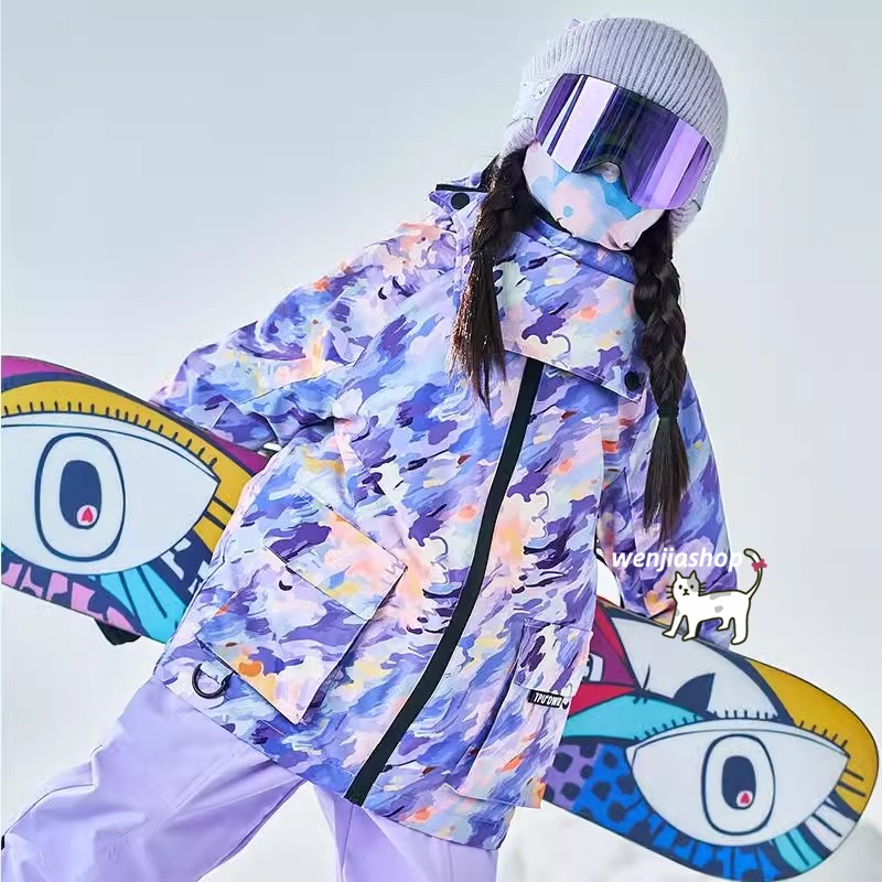 スノーボードウェア 2025 上下セット キッズ 子供 ベビー服 ジャケット アウター 紫迷彩 オーバーオール つなぎパンツ ズボン スノボウェア スキーウェア 防寒着韓国風 女の子 男の子 こども