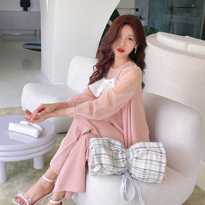 秋に2024年の女性のスイートボウ長袖トップスハイウエストワイドレッグパンツ2点セットの完全なセットを着用 母の日