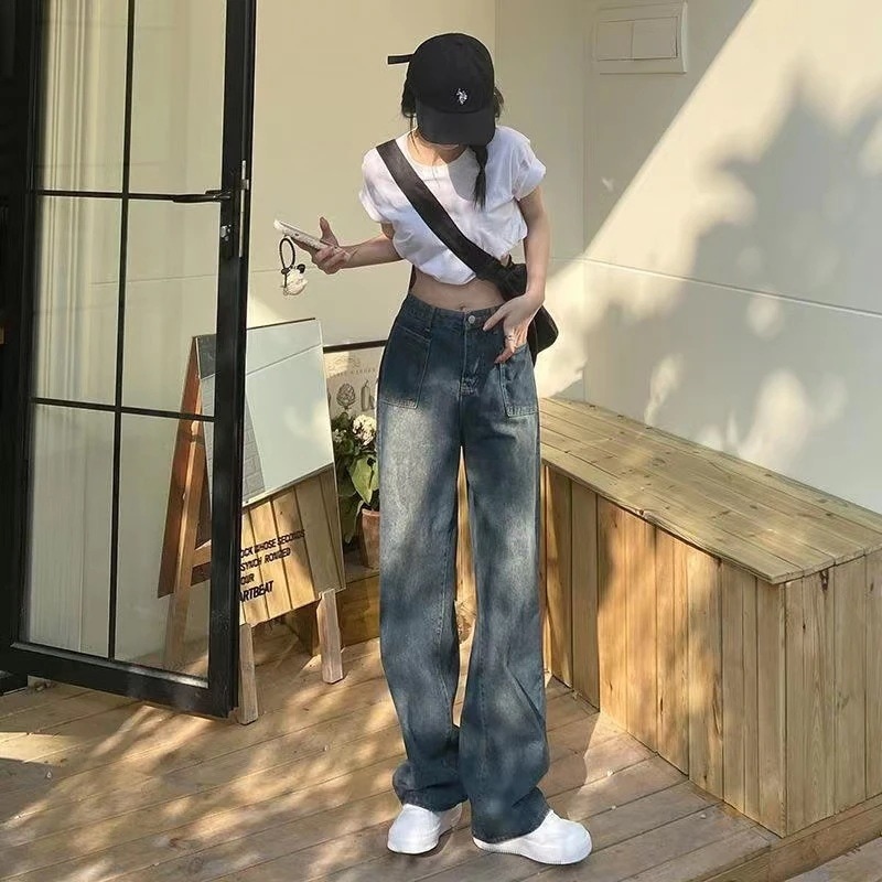 以内脚長効果デニムパンツ レディース ゆったり ストレート ハイウエスト 薄手 小さい ワイドパンツ 韓国ファッション 以内脚長効果デニムパンツ レディース ゆったり ストレート ハイウエスト 薄手 小さい ワイドパンツ 韓国ファッション