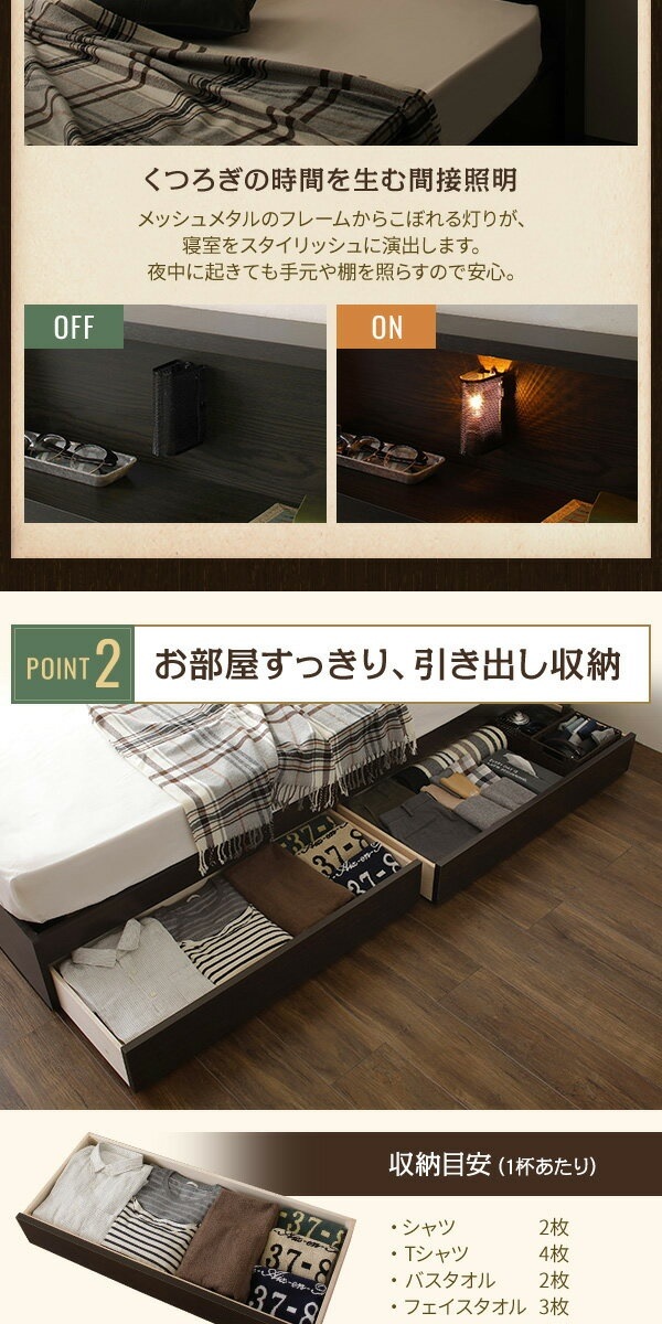 日本製 照明付き 宮付き 収納付きベッド セミダブル（ボンネルコイルマットレス付） ダークブラウン FRANDER フランダー