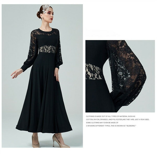 社交ダンス ワンピース 黒 モダンドレス 大きいサイズ 長袖 社交ダンス