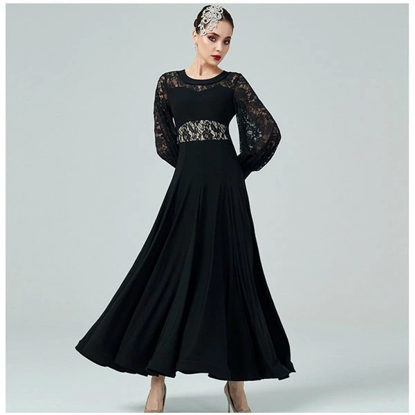 社交ダンス ワンピース 黒 モダンドレス 大きいサイズ 長袖 社交ダンス