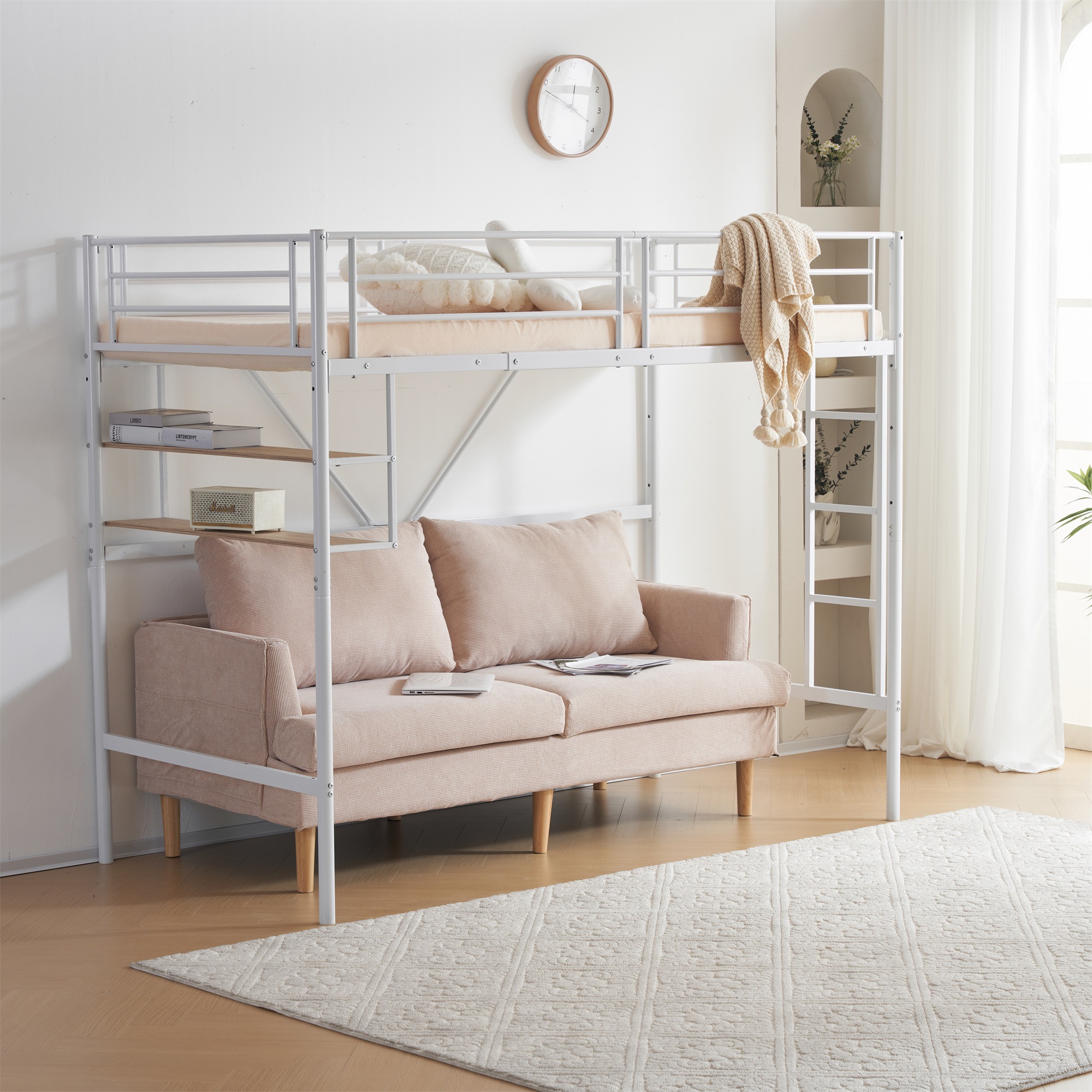 人気販売中！ロフトベッド パイプベッド サイド棚付き　耐震　ホワイトｘブラック 楽天市場】ロフトベッド パイプベッド シングル コンセント付き デスク