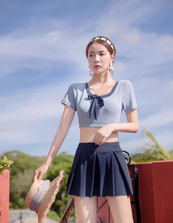 水着 服みたいな 水着 2点セット リボン 半袖 無地 ワイヤーなし パッド付 レディース 着瘦せ シンプル カジュアル 写真映え 撮影用 海 夏 サマー プール リゾート かわいい オシャレ 旅行