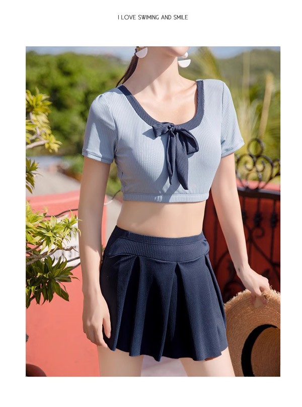 水着 服みたいな 水着 2点セット リボン 半袖 無地 ワイヤーなし パッド付 レディース 着瘦せ シンプル カジュアル 写真映え 撮影用 海 夏 サマー プール リゾート かわいい オシャレ 旅行