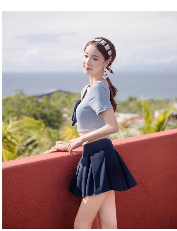 水着 服みたいな 水着 2点セット リボン 半袖 無地 ワイヤーなし パッド付 レディース 着瘦せ シンプル カジュアル 写真映え 撮影用 海 夏 サマー プール リゾート かわいい オシャレ 旅行