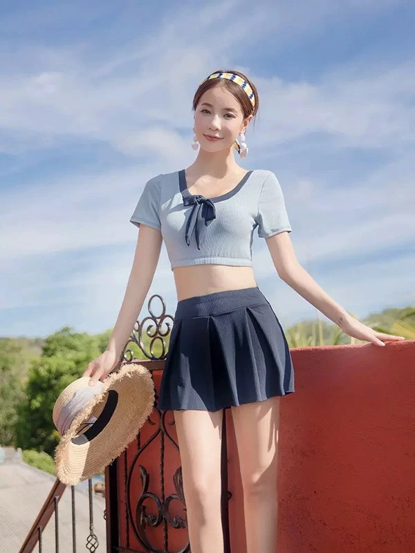 水着 服みたいな 水着 2点セット リボン 半袖 無地 ワイヤーなし パッド付 レディース 着瘦せ シンプル カジュアル 写真映え 撮影用 海 夏 サマー プール リゾート かわいい オシャレ 旅行