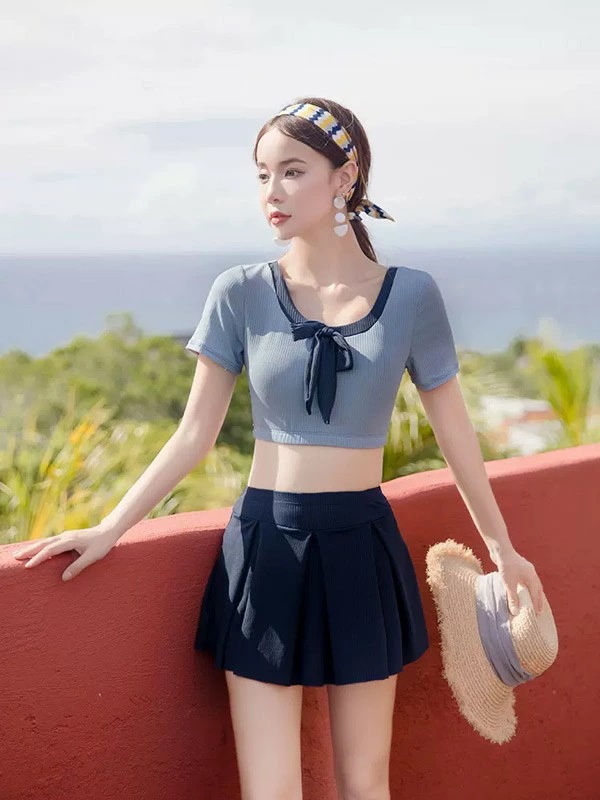 水着 服みたいな 水着 2点セット リボン 半袖 無地 ワイヤーなし パッド付 レディース 着瘦せ シンプル カジュアル 写真映え 撮影用 海 夏 サマー プール リゾート かわいい オシャレ 旅行