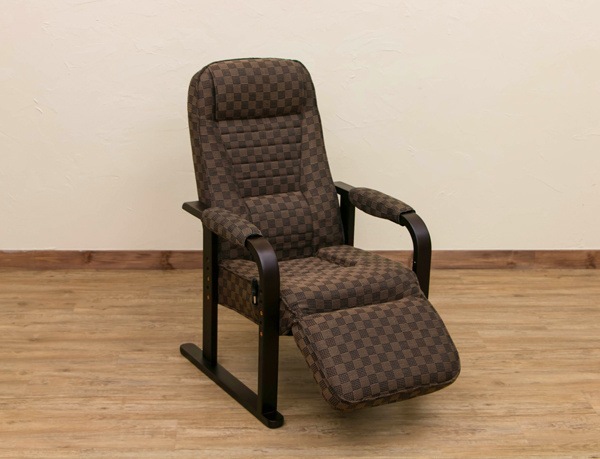 レバー式リクライニングチェア [フット付き] ブラウン 肘付き 座面高さ調節可