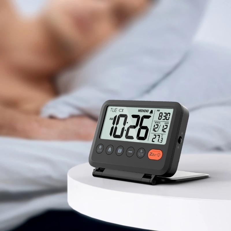 Nok鉛家庭用デジタル温度計時計折りたたみ式ミニトラベル時計カレンダー旅行アラーム付きポータブルデスクトップ時計