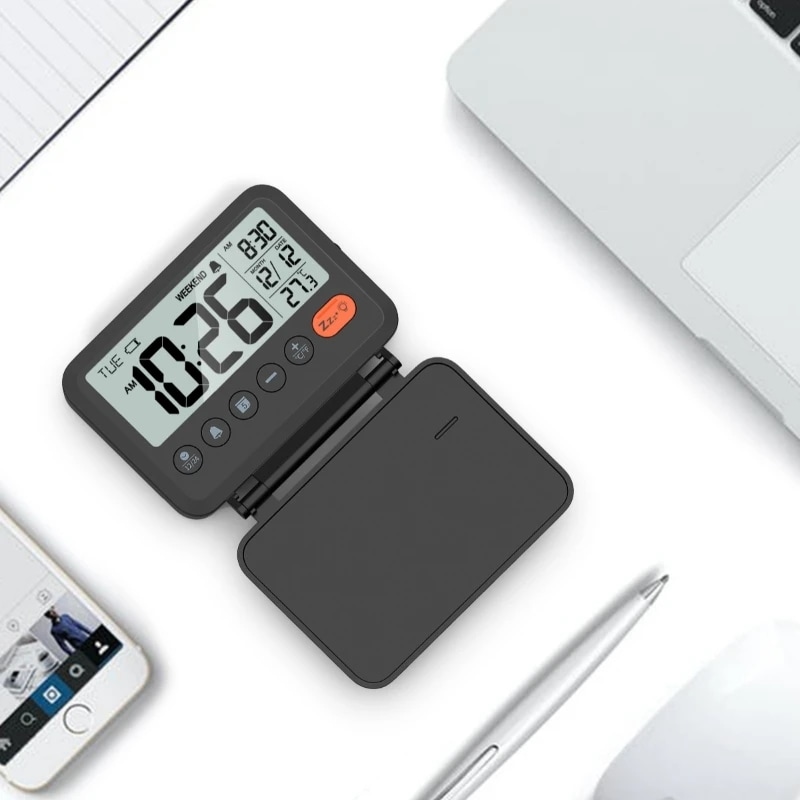 Nok鉛家庭用デジタル温度計時計折りたたみ式ミニトラベル時計カレンダー旅行アラーム付きポータブルデスクトップ時計