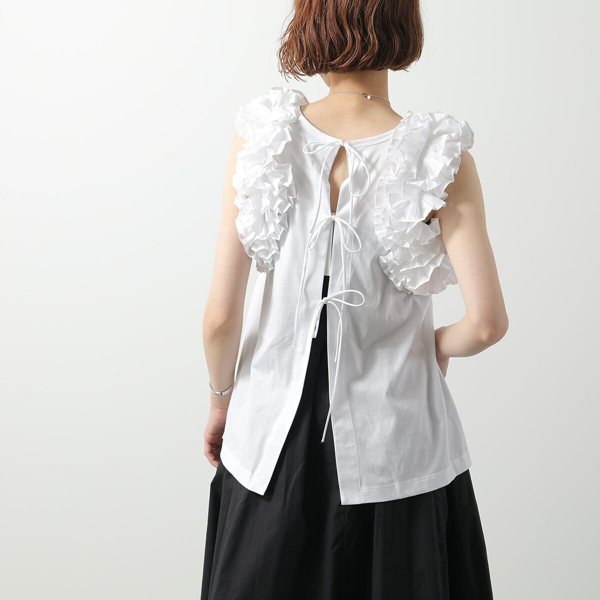 MEIMEIJ メイメイジェイ ノースリーブ カットソー M5PX03 レディース コットン タンクトップ バックオープン リボン フリル クルーネック カラー2色 【mega】