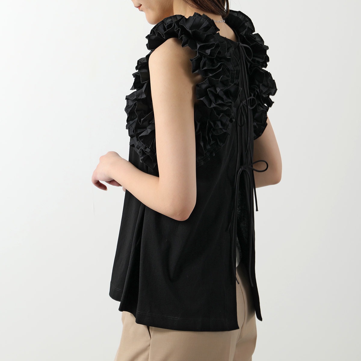 MEIMEIJ メイメイジェイ ノースリーブ カットソー M5PX03 レディース コットン タンクトップ バックオープン リボン フリル クルーネック カラー2色 【mega】