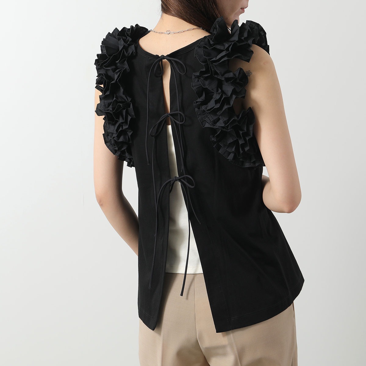 MEIMEIJ メイメイジェイ ノースリーブ カットソー M5PX03 レディース コットン タンクトップ バックオープン リボン フリル クルーネック カラー2色 【mega】