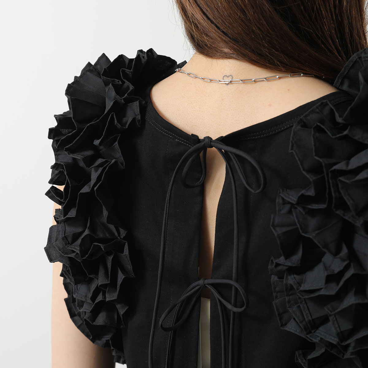 MEIMEIJ メイメイジェイ ノースリーブ カットソー M5PX03 レディース コットン タンクトップ バックオープン リボン フリル クルーネック カラー2色 【mega】