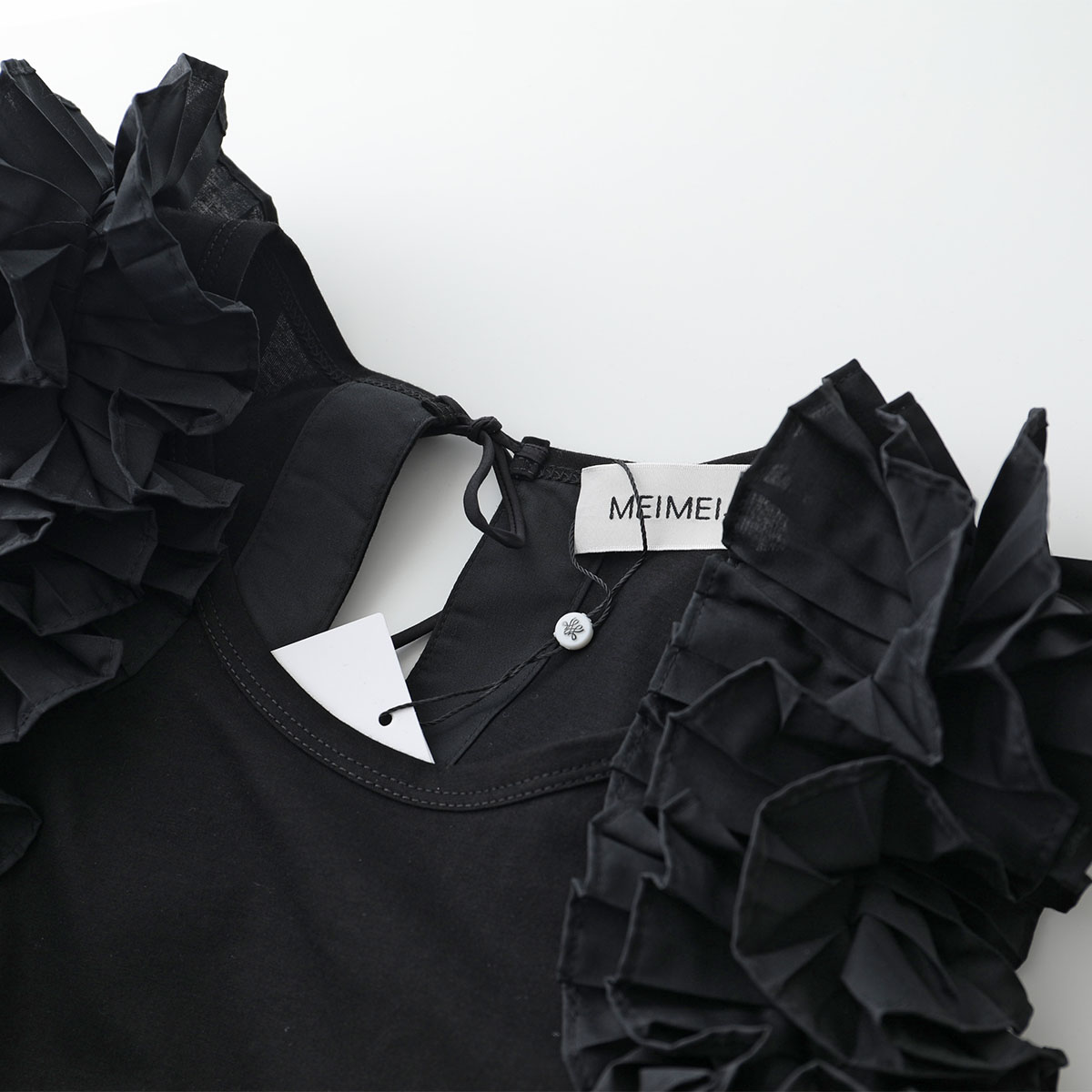 MEIMEIJ メイメイジェイ ノースリーブ カットソー M5PX03 レディース コットン タンクトップ バックオープン リボン フリル クルーネック カラー2色 【mega】