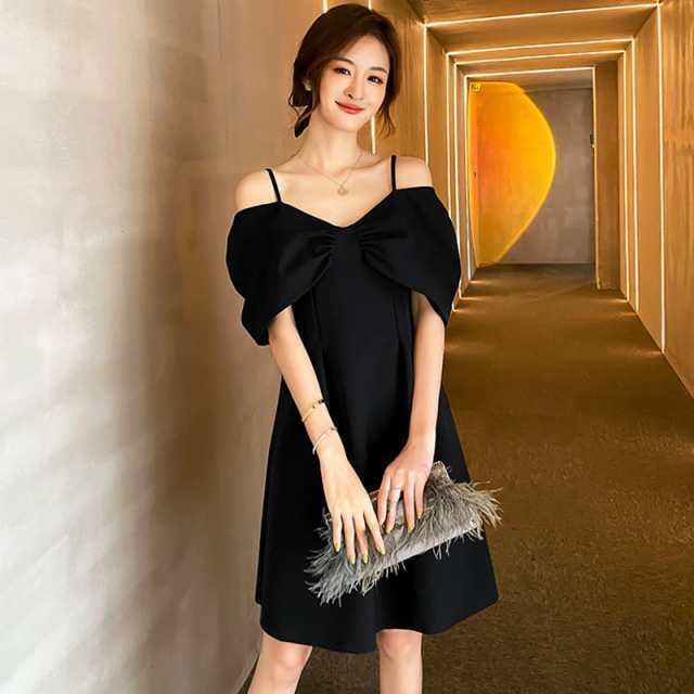 オフショルダー ドレス 2色 膝丈 韓国 パーティー Aライン オフショルダー 無地 ミディアム 半袖 ホームパーティーアイテム 謝恩会 結婚式二次会 フレア かわいい 大人可愛い きれいめ