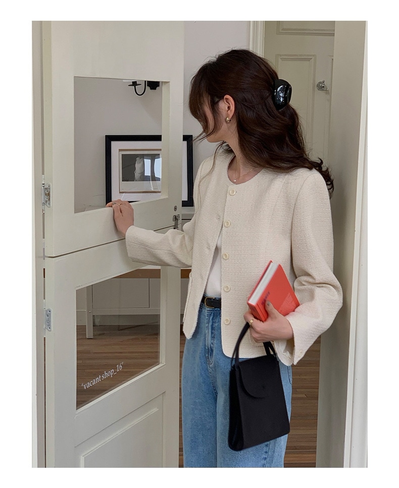 ツイードジャケット レディース 40代 長袖ノーカラージャケット ショット丈ツイードコート 春コートアウター 秋服 大人韓国風 通勤OL オフィス 結婚式 入学式