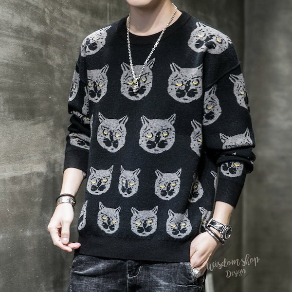 Qoo10] セーター 長袖 グルーネック 長袖 猫柄