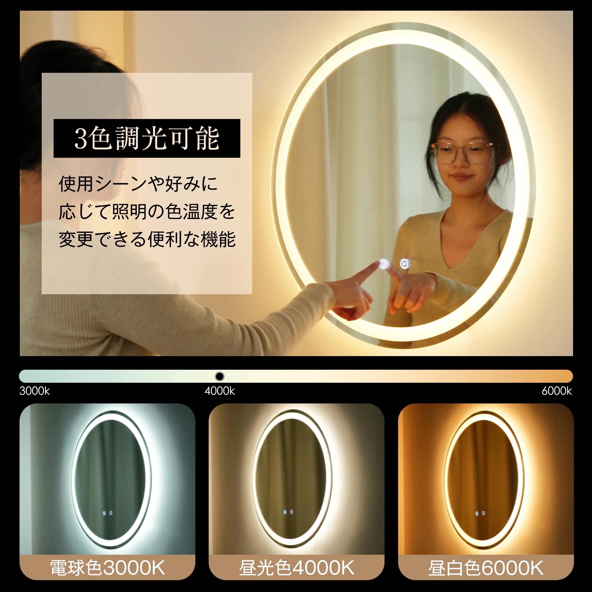 LED浴室ミラー 丸型 60*60CM ウォールミラー 洗面ミラー 化粧鏡 壁掛け鏡 照明付き ドレッサー 洗面所 洗面台 省エネ 明るさ調整 曇り防止機能 照明付き 防水加工 飛散防止G