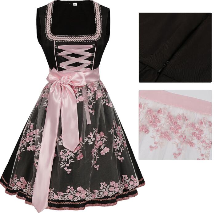 レディース ハロウィン コスプレ衣装 ロリータワンピース 2点セット ドイツ風 ヒール祭り メイド服 ウェイター ジャカード花柄 レースエプロン メイド服 女性 農場 田舎風 ワンピース 舞台劇 演出